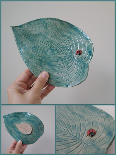 Beautiful hosta leaf ceramic plate with ladybug, pottery by Lily L.