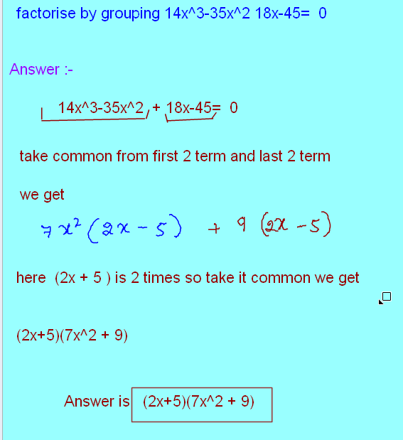 Free Online Help factorise by grouping 14x^335x^2 18x45= 0 factor by grouping