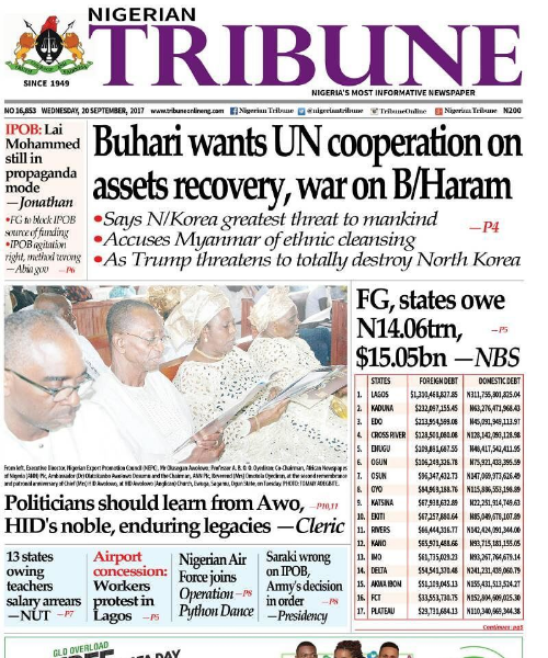 Naija Newspapers Today's The Tribune Newspaper Headlines [20 September