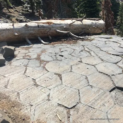 hexagons at the top at Devils Postpile National Monument in Mammoth Lakes, California