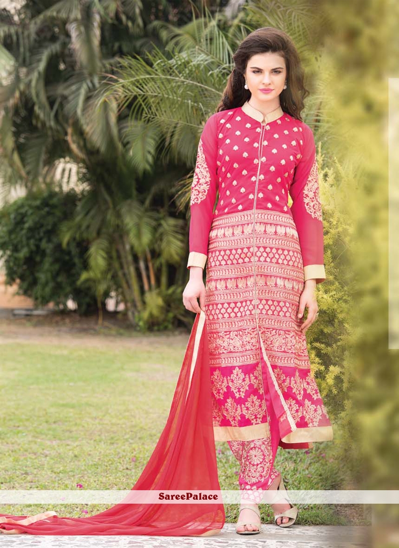 HOT PINK RESHAM WORK PANT STYLE SUIT