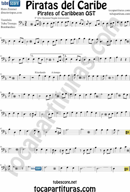 Sheet Music Pirates of the Caribbean for Bass Clef, Contrabasss, Tube, Euphonium... Music Scores
