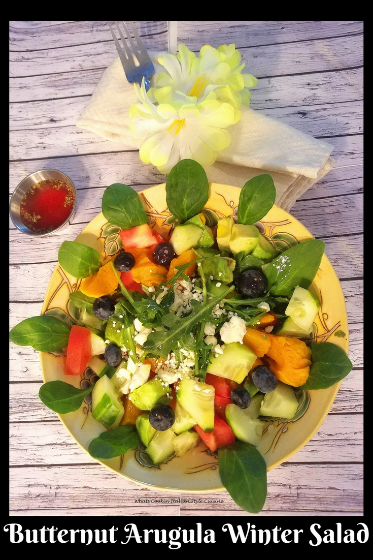 Butternut squash and arugula salad with blueberries, cucumbers, tomatoes, healthy salad