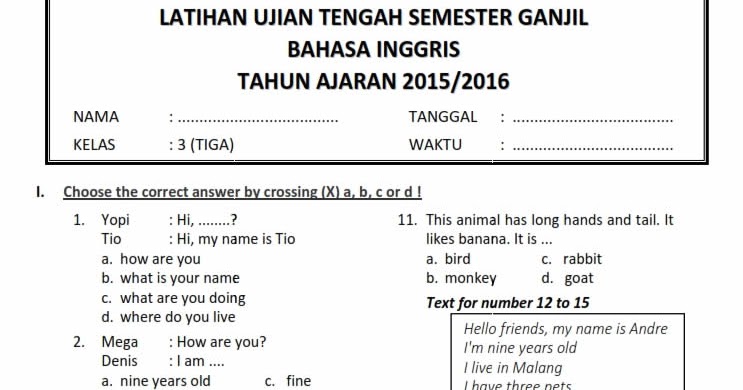 Soal Bahasa Inggris Kelas 1 Uts 2 Warna - Bangku Sekolah