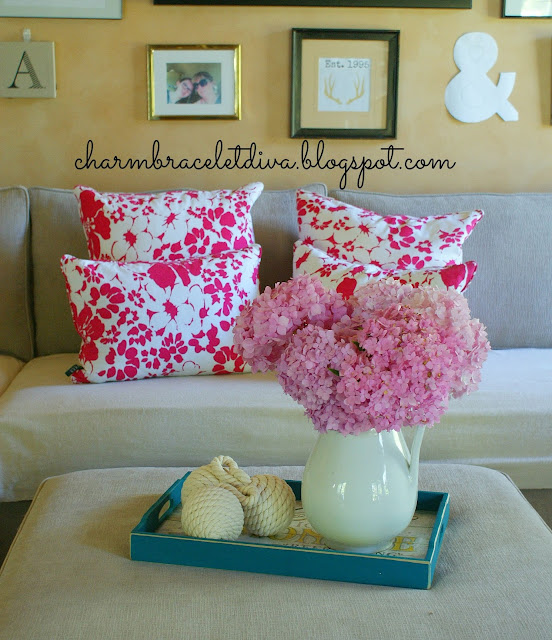 Ralph Lauren fuschia flowers down pillows ottoman tray hydrangeas