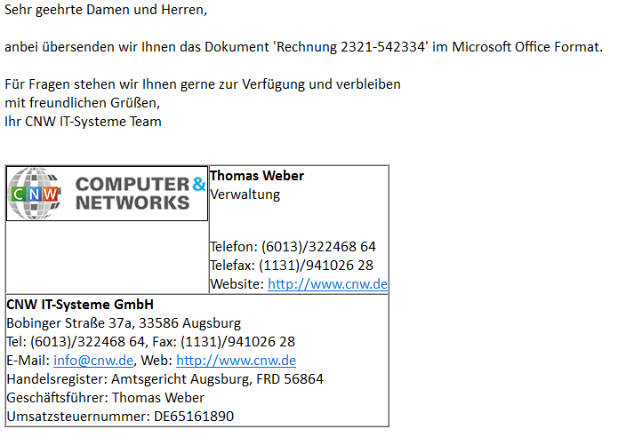 Phishing-Mail Alerts: CNW IT-Systeme GmbH - Rechnung 2321 ...