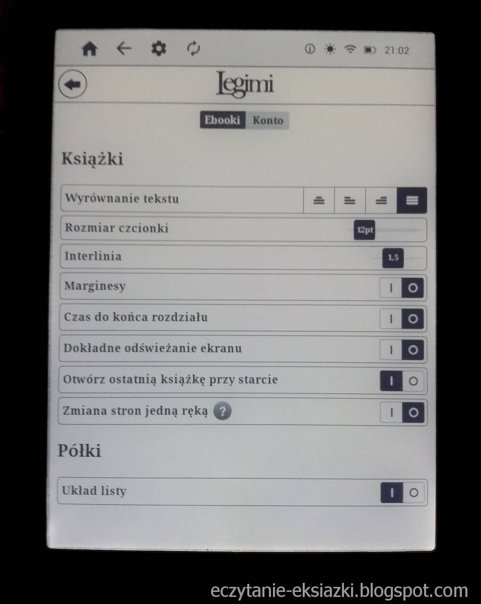 InkBOOK LUMOS – ekran ustawień e-booka w aplikacji Legimi ebooks