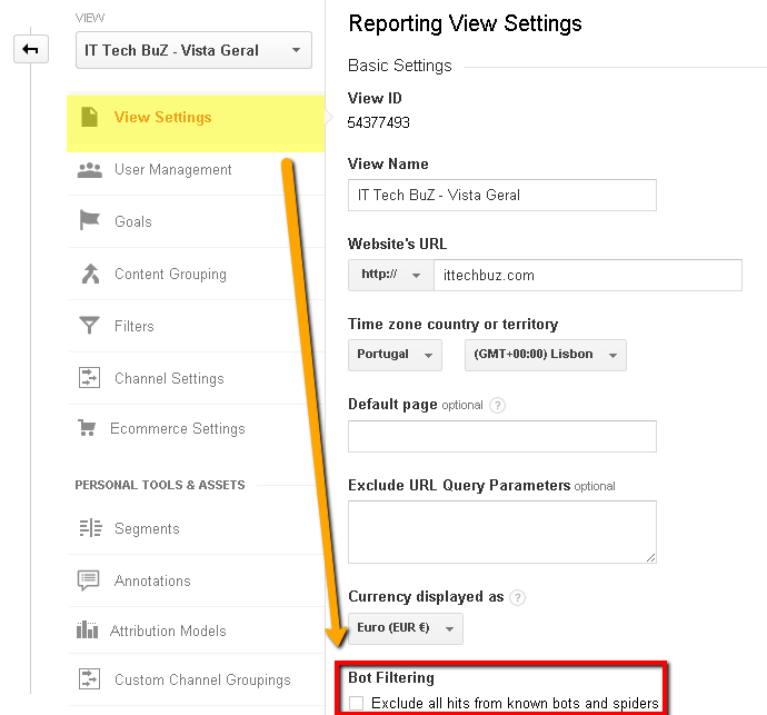 Imagem da View do Google Analytics Imagem auto-explicativa para configurar o bot filtering