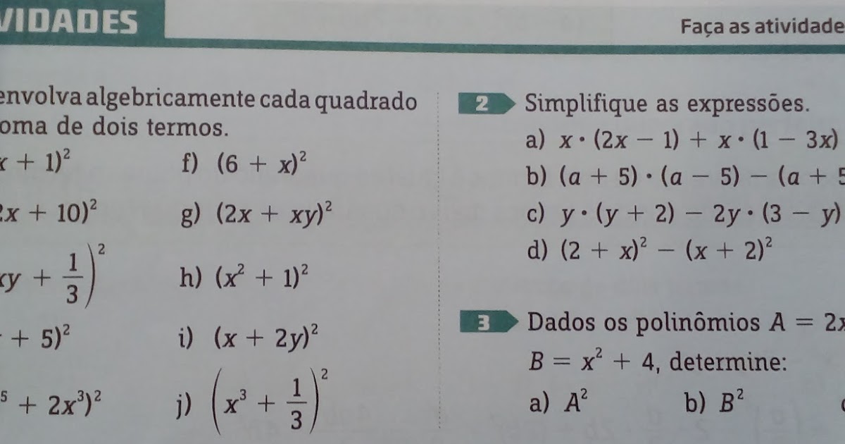 Exercícios De Produtos Notáveis 8 Ano ENSINO Exercícios De Produtos Notáveis 8 Ano ENSINO