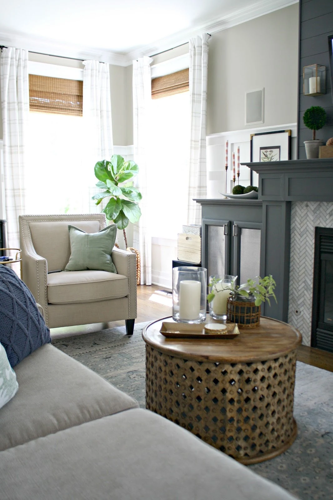 dark gray fireplace with built ins
