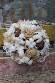 rustic country burlap and cotton wedding flowers