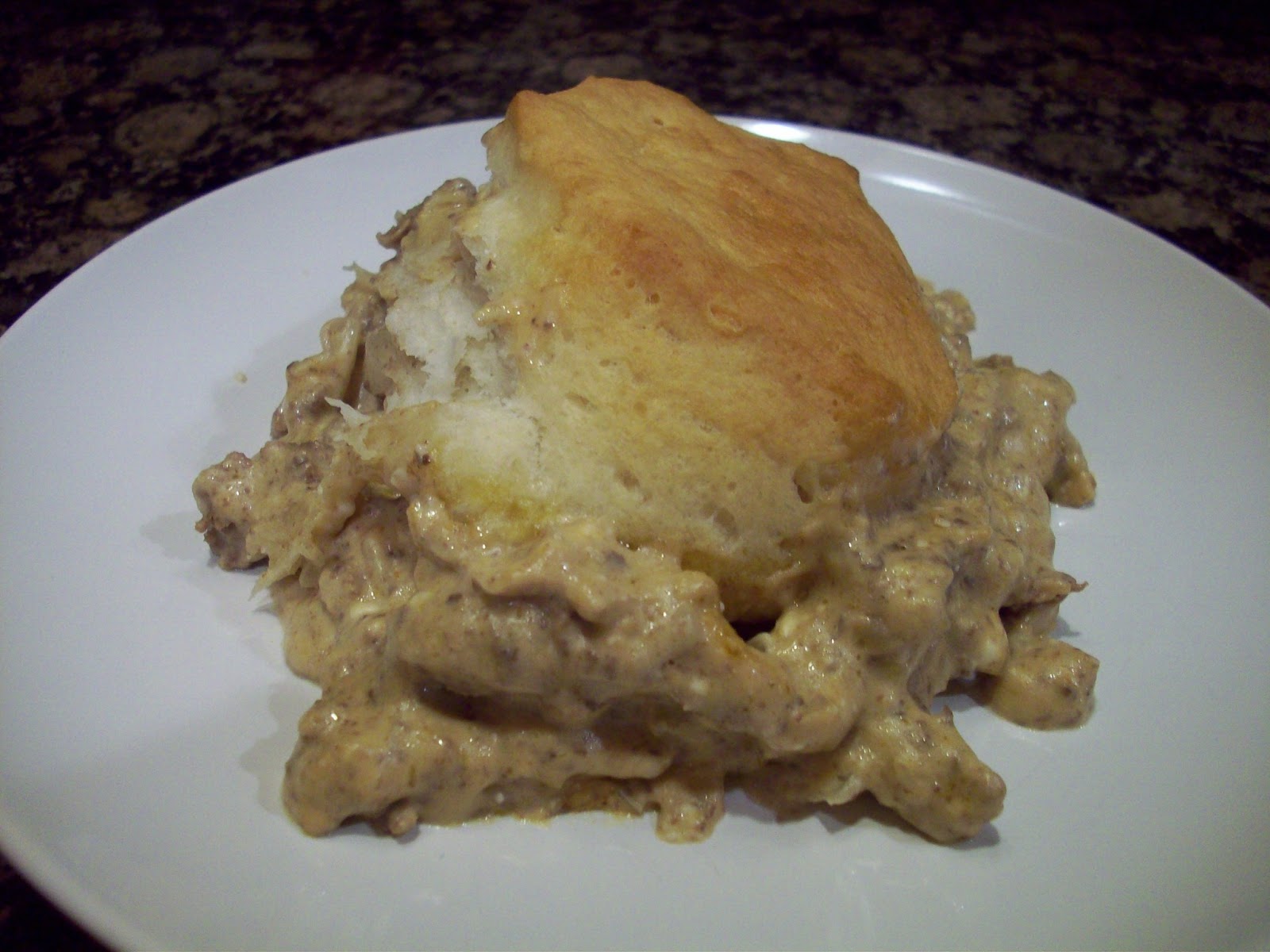 Spaghetti and Gravy BiscuitTopped Ground Beef Casserole