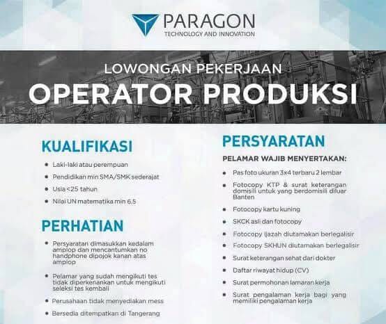 Lowongan Kerja Operator Produksi PT. Paragon Technology and Inovation  Cikupa Tangerang – Serangkab.info