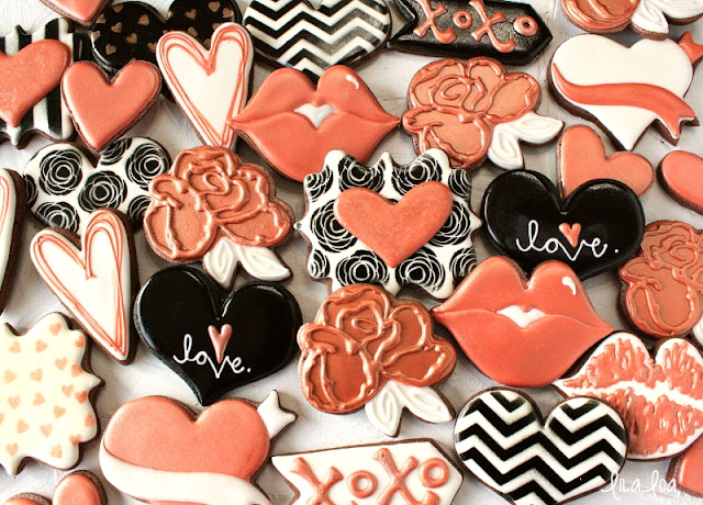 Rose gold colored decorated sugar cookies for Valentine's Day - roses, lips, and hearts