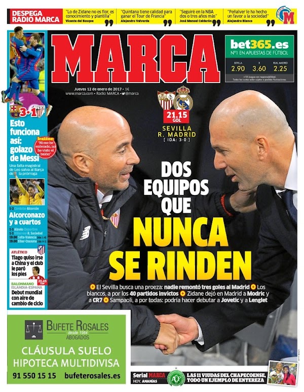 Sevilla-Real Madrid, Marca: "Dos equipos que nunca se rinden"