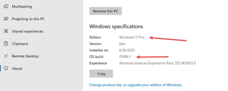 Windows 11 Version Settings Page