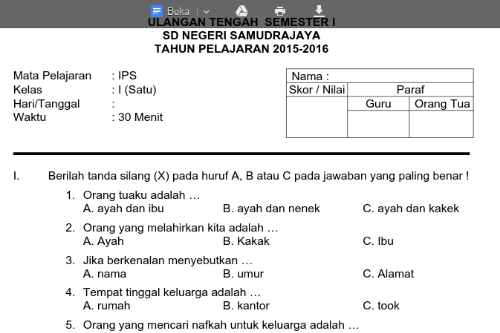 Kumpulan Soal Latihan UTS Kelas 1 Semester 1