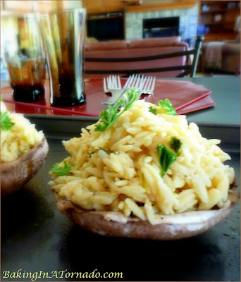 Orzo Stuffed Portobello Mushrooms, portobello mushrooms stuffed with a flavorful pasta mixture and baked. | Recipe developed by www.BakingInATornado.com | #recipe #dinner 