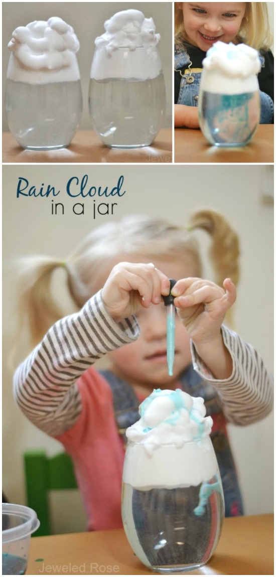 Explore the weather cycle and why it rains with this fun science experiment for kids. Making rain clouds in a jar makes for a great science fair project, too! #raincloudinajar #rainclouds #raincloudexperiment #weatheractivitiespreschool #weatherexperimentsforkids #scienceexperiments #scienceexperimentskids #scienceforkids