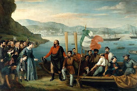 A painting by an unknown artist shows soldiers boarding a boat on the shore at Quarto with the steamships in the background