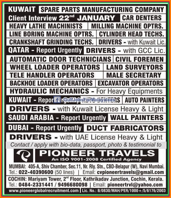 Spare Parts Manufacturing Company Kuwait, KSA &Dubai job vacancies