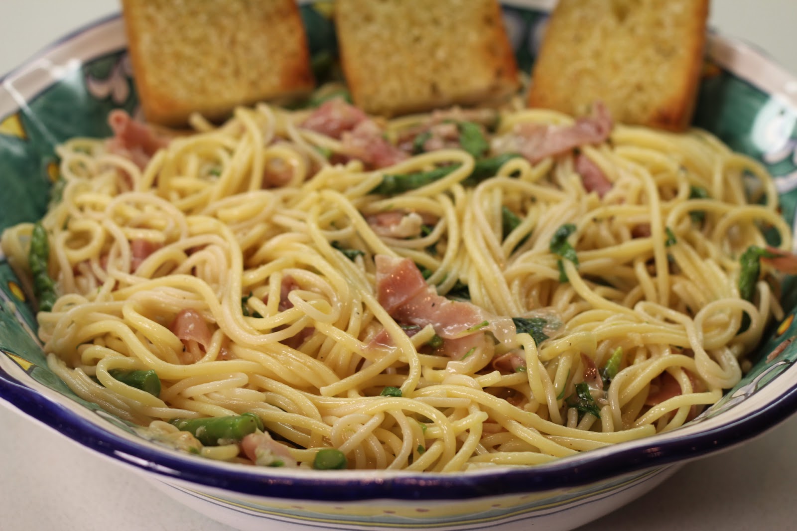 Lexi's Kitchen SPAGHETTI WITH ASPARAGUS, SMOKED MOZZARELLA AND PROSCIUTTO