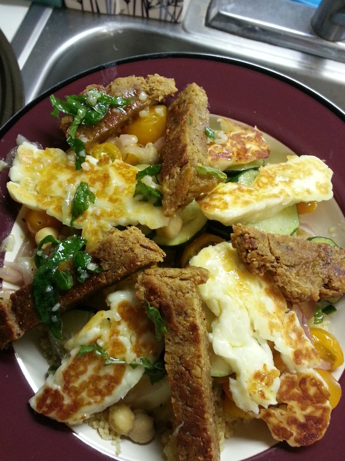 Lisa's Recipes Summer Couscous Salad with Halloumi and Chickpea Cutlets