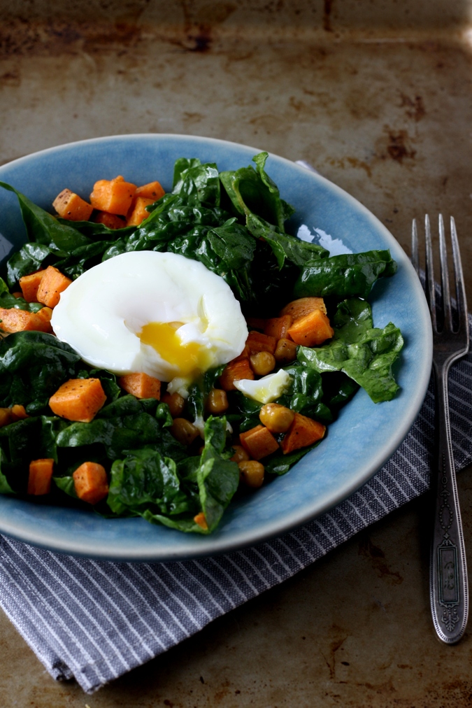 Mango & Tomato Roasted Sweet Potatoes & Chickpeas With Spinach