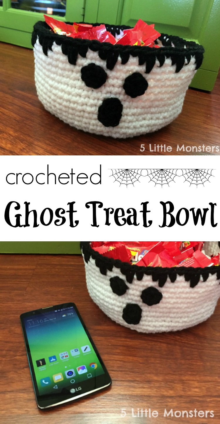 Crocheted ghost candy bowl for halloween