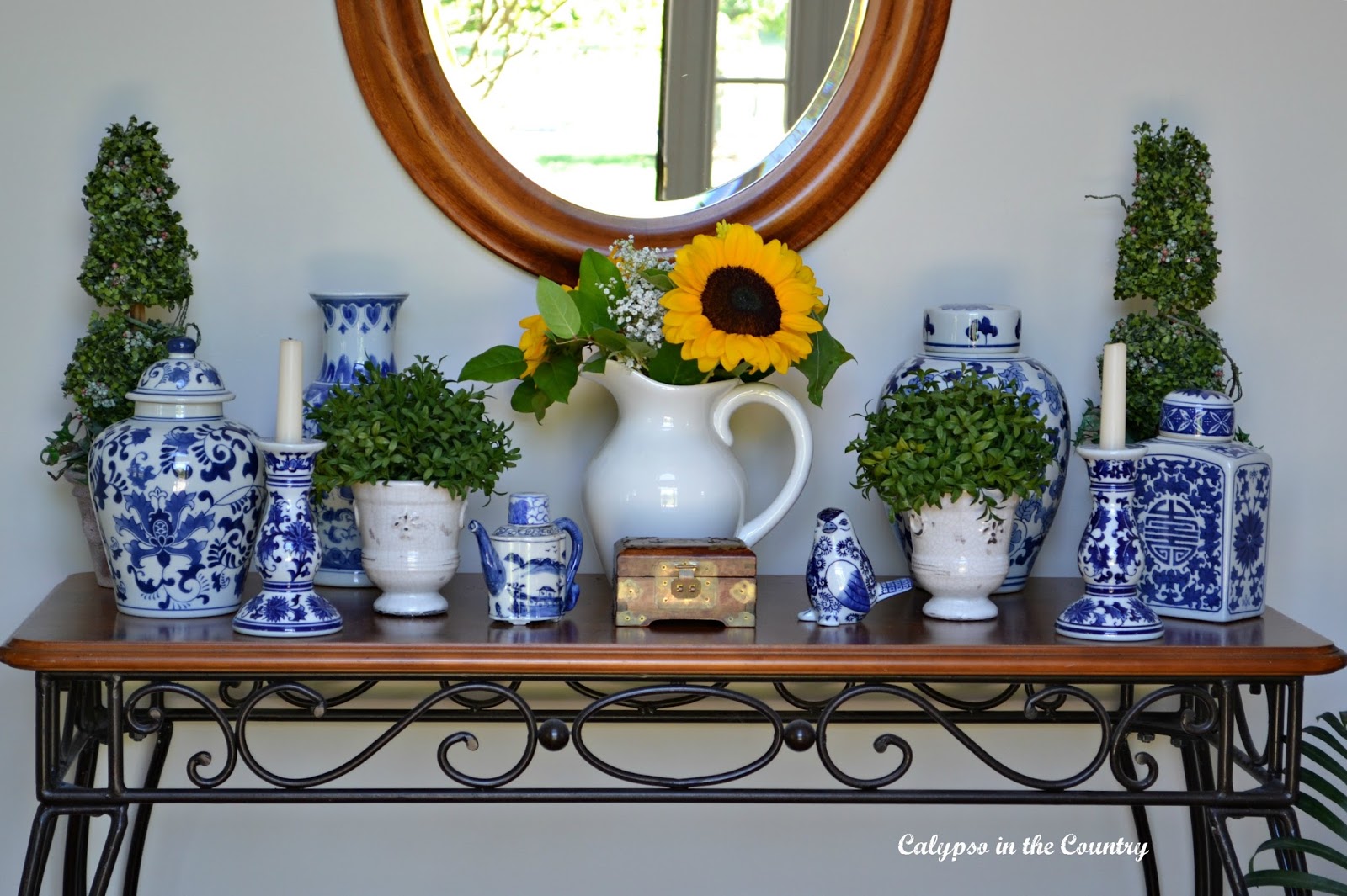 Traditional blue and white porcelain in the foyer