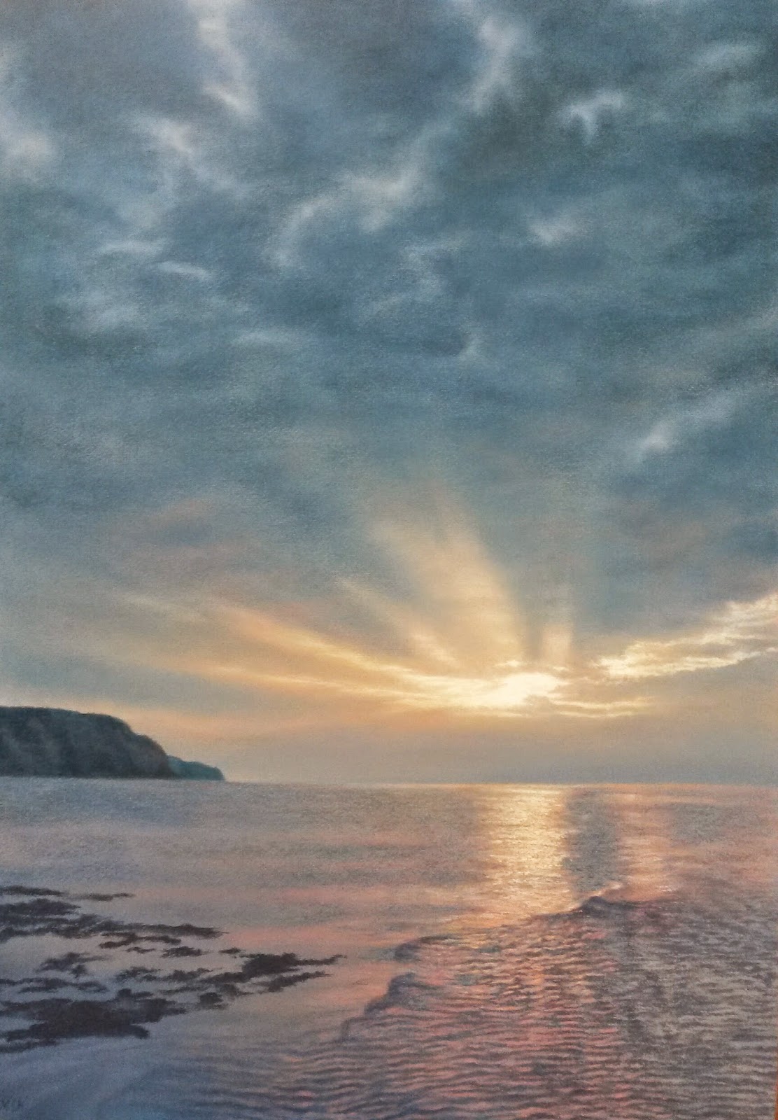 Sunset Reflections (Boulby Cliffs, Staithes)-Michael Howley Artist. A signed limited edition print from an original soft pastel painting