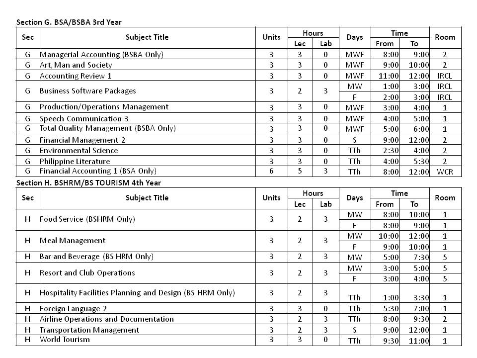 ABE Tacloban Schedule of Classes for the 1st Sem SY 20112012