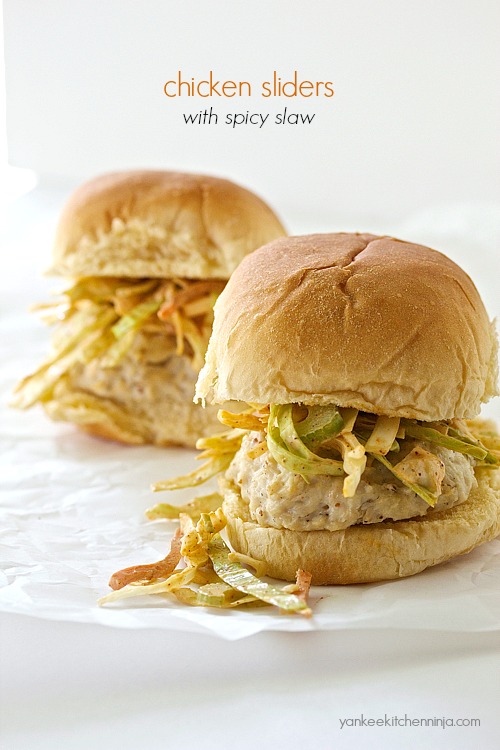 Easy baked or grilled chicken sliders topped with spicy slaw