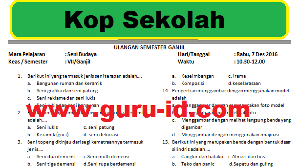 Soal Uas Seni Budaya Kelas 9 Semester 1 Kurikulum 2006