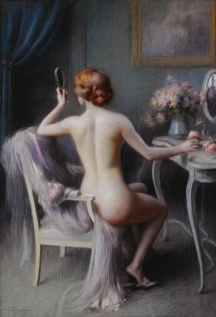 Pregnant mature female seated nude mid century modern