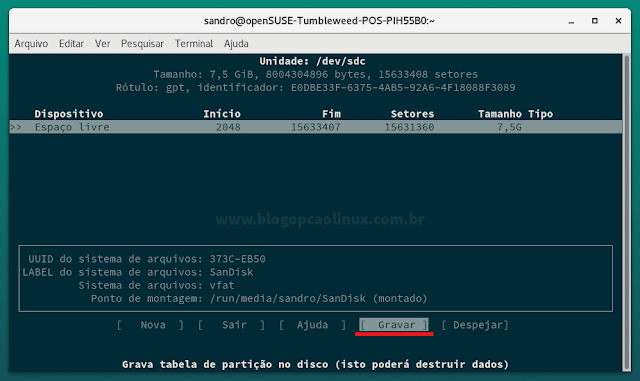 Selecione "Gravar" para definir a nova tabela de partição no pen drive