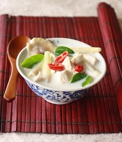 thai coconut chicken soup with southeast asian herbs - galangal, lemongrass, kaffir lime leaves, bird's eye chili peppers