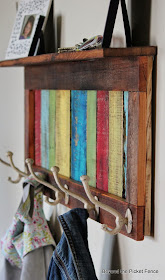 reclaimed wood coat hook http://bec4-beyondthepicketfence.blogspot.com/2014/04/colorful-rustic-coat-hook-shelf.html
