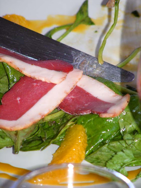 House made smoked dry cured fat duck breast at Cote Cour restaurant, Azay le Rideau.  Indre et Loire, France. Photographed by Susan Walter. Tour the Loire Valley with a classic car and a private guide.