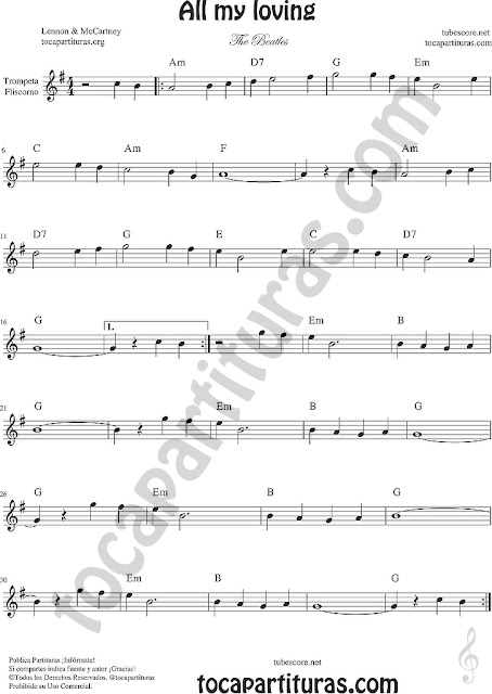 All my loving Partitura de Trompeta y Fliscorno Sheet Music for Trumpet Flugelhorn