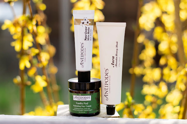 Moisturiser, salve and face mask with yellow flowers behind