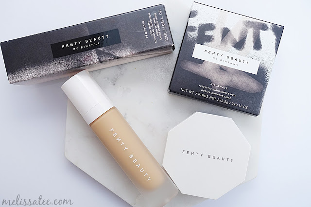 fenty beauty, fenty beauty review, fenty beauty pro filt'r foundation review, fenty beauty shade 250, fenty beauty warm peach foundation, fenty beauty killawatt freestyle highlighter review, fenty beauty mean money and hu$tla baby review and swatches