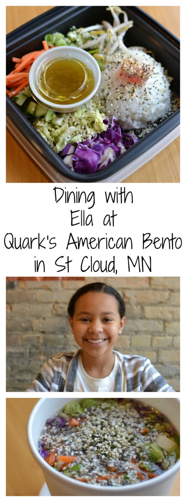 Dining with Ella at Quark's American Bento in St Cloud, Minnesota! Great meals for kids and adults, fresh, healthy, gluten free, affordable and delicious!