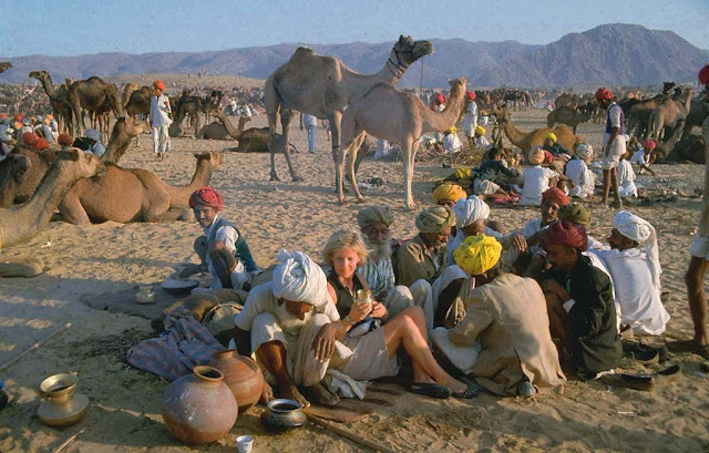 A foreign visitor among local at Pushkar Cattle Fair