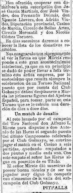 Noticia sobre el I Torneo Nacional de Ajedrez de Murcia 1927, El Liberal, 1 de enero de 1927 (2)