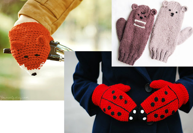 animal gloves, crochet, knitted