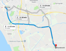 Google Maps walking route between Irvine, UK and Dundonald, UK, retrieved 18 Oct 2018