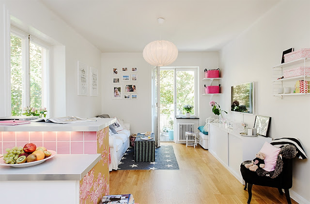 Apartamento de 65m²: azulejos cor de rosa