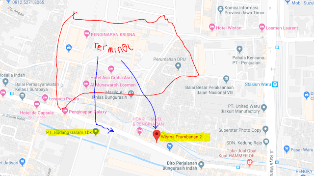 Peta lokasi Titik Jemput Penumpang Ojek Online Gojek-Grab di Terminal Bungurasih Purabaya Surabaya