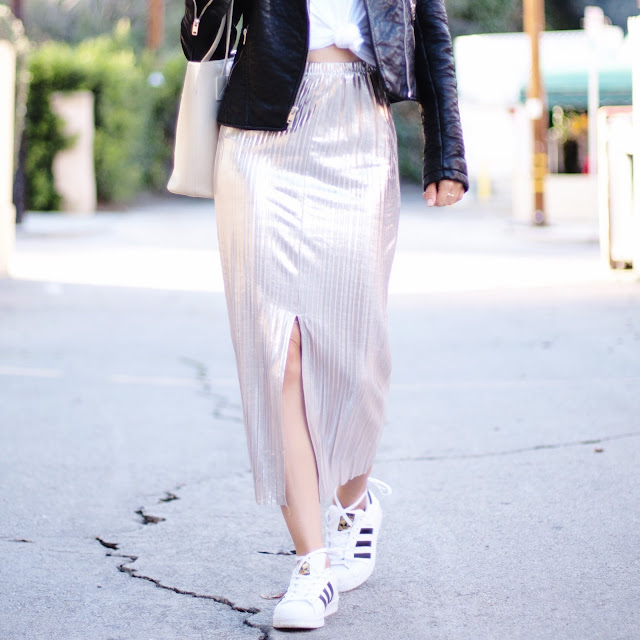 Shimmery Pleated Skirt with a White Tee | Mom Jeans & Mimosas